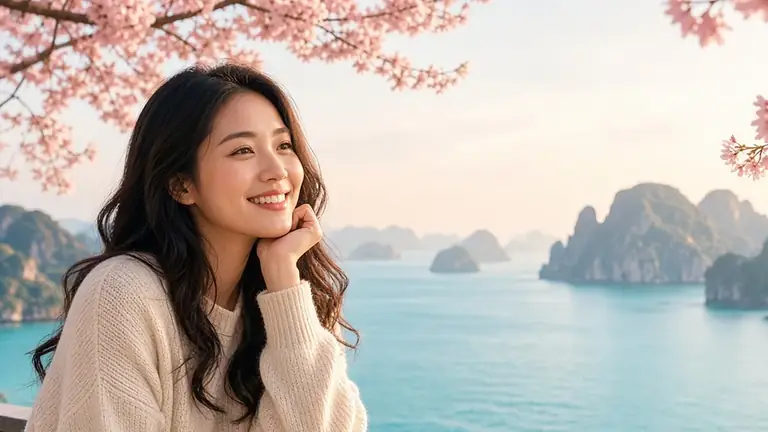 Smiling woman in a cream knit sweater, chin on hand, on a seaside terrace with cherry blossoms and limestone islands