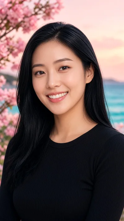Woman in a chic black top by the sea