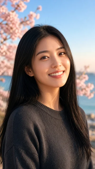 Woman in a charcoal knit top by the sea