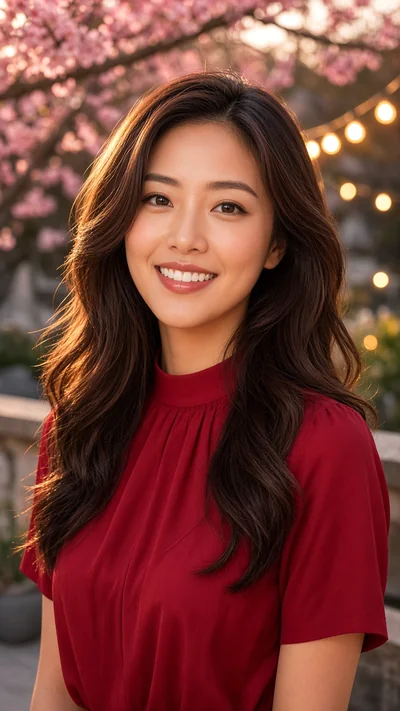 Woman in a red blouse under cherry blossoms