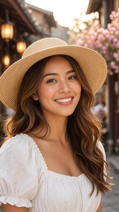 Woman in a straw sun hat and white sundress on a lantern-lit street