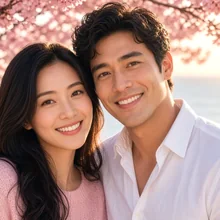 Couple smiling under cherry blossoms
