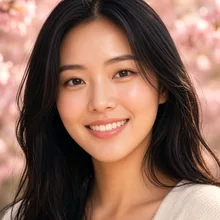 Woman smiling under cherry blossoms