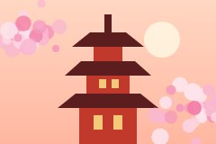 Illustration of a red pagoda among pink cherry blossoms